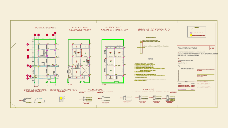 Structural engineering drawing showing foundation plan, column sections, beam details, and slab layouts.