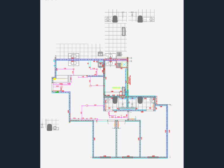 CAD floor plan of a multi-bedroom apartment unit showing dimensions, toilets, sinks, and AC preparation area.