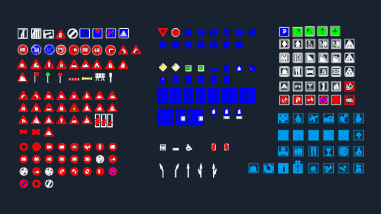 Grid of over 200 CAD symbols for road signs, traffic warnings, parking, and information icons.