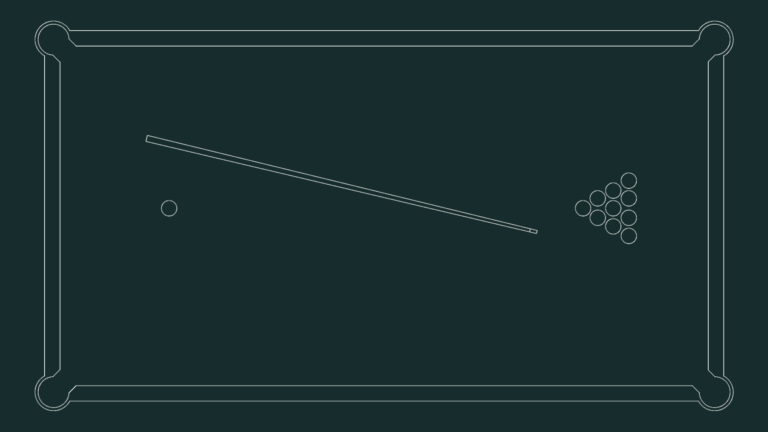 2D top-view CAD drawing of a billiards table with a cue stick and a rack of pool balls.
