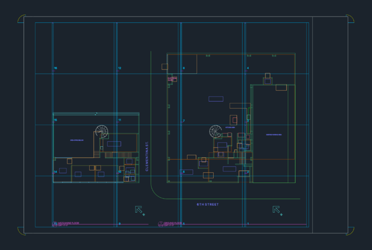 Architectural CAD drawing showing ground and mezzanine floor plans with spiral stairs, parking area, and kitchen layout.