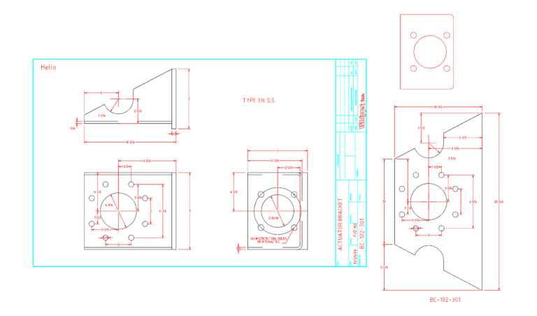 Dimensioned CAD drawing views of a Whipps BC-102-301 stainless steel actuator bracket and mounting hole layout.