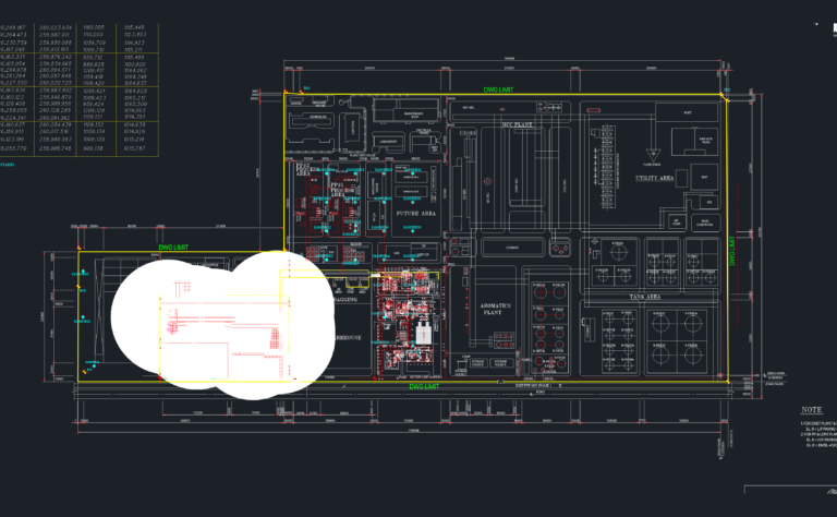CAD site layout of a petrochemical plant featuring NCC, Aromatics, and LDPE process areas with equipment coordinates.