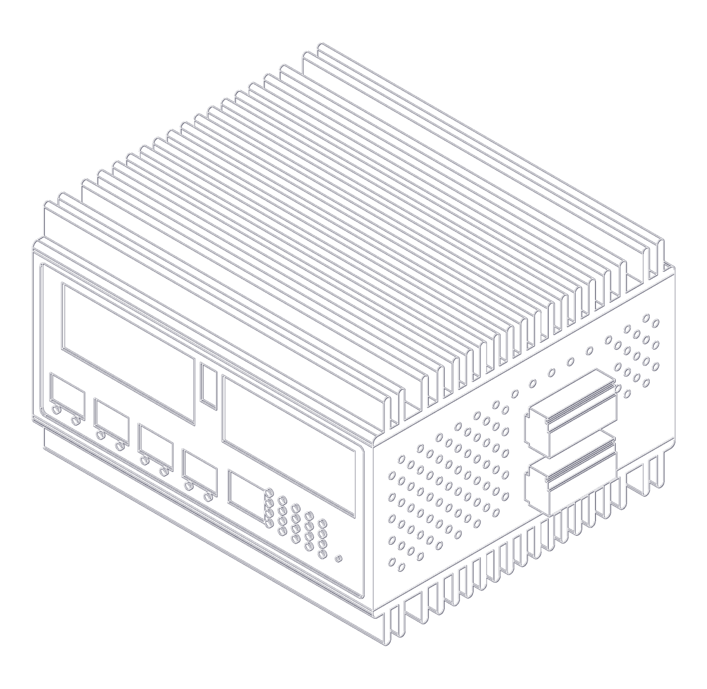 Isometric line drawing of an industrial XC-9603 amplifier unit with top heat sink fins and front display panels.