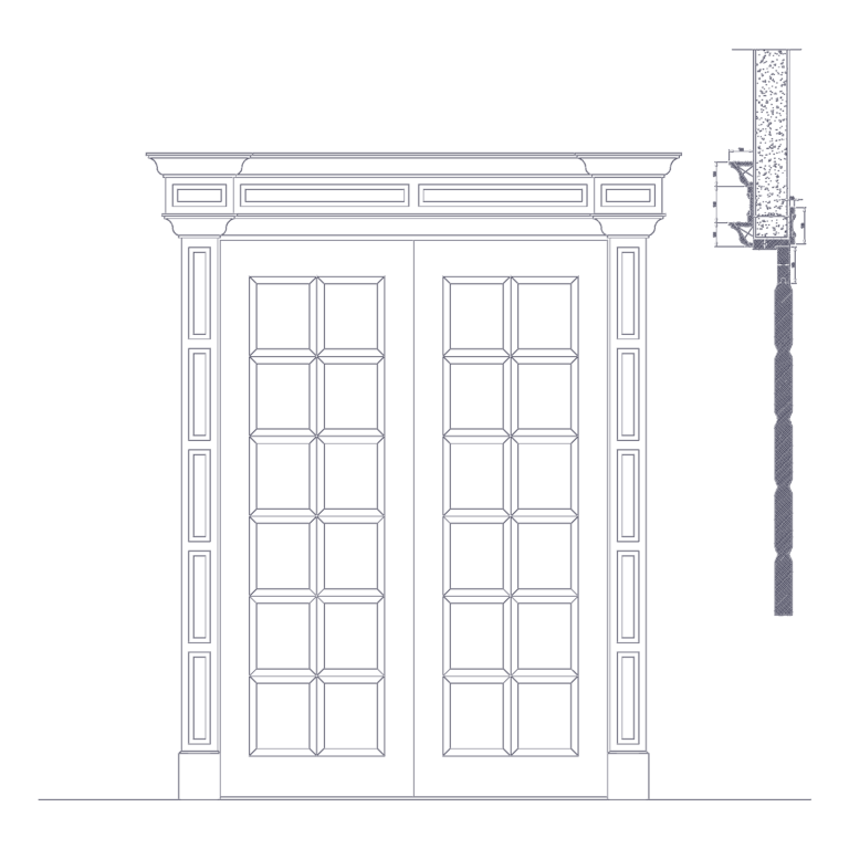 Elevation and vertical section CAD drawings of a classical paneled wooden double door with ornate cornices and trim.