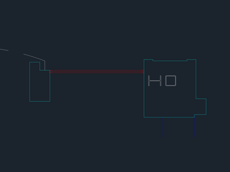 CAD section drawing of a structural steel beam connection with I-beam and square hollow section profiles.