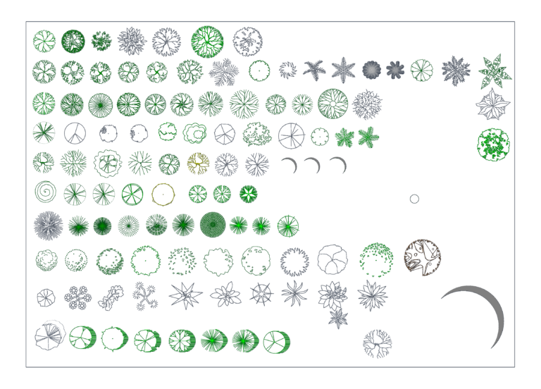 Collection of diverse tree plan view CAD blocks in various styles and sizes for landscape site plans.