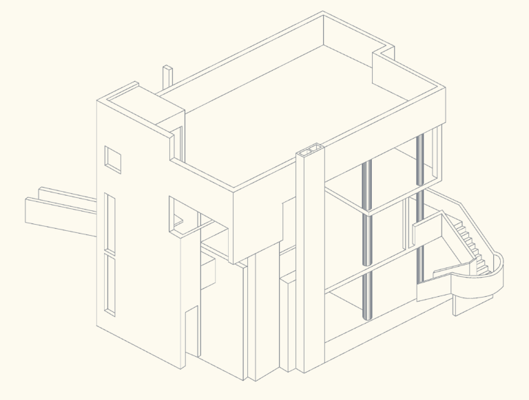 Wireframe exterior perspective drawing of Richard Meier's Smith House showing structural geometry and external staircase.