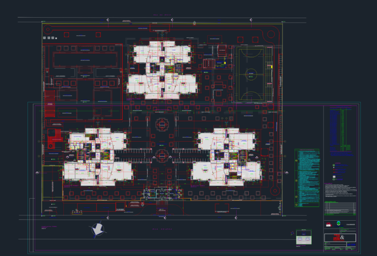 CAD ground floor plan for a three-block residential complex with swimming pool, sports court, and garden areas.