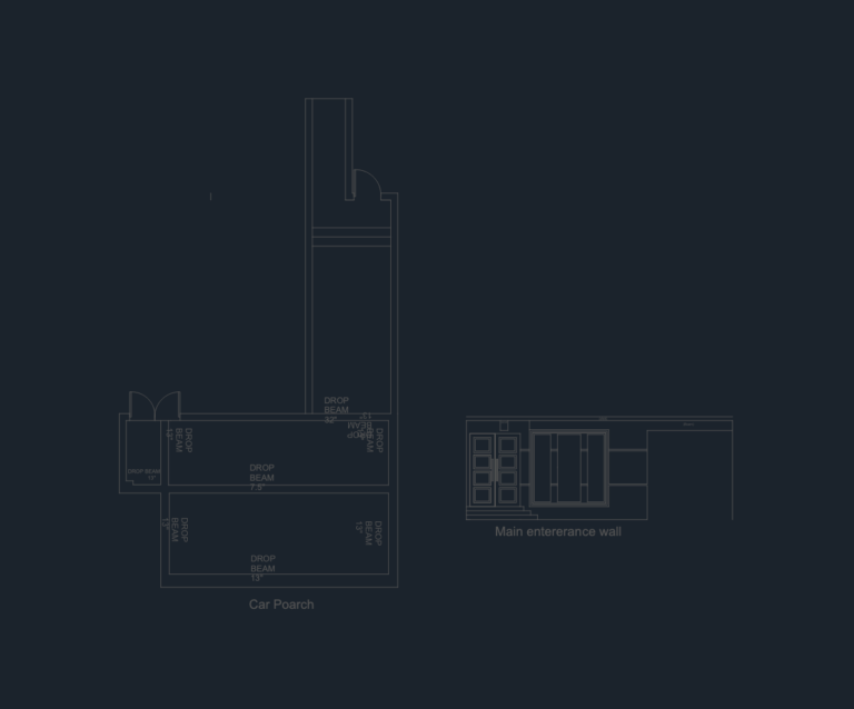 CAD floor plan of a car porch and elevation of a main entrance wall with structural drop beam labels and dimensions.