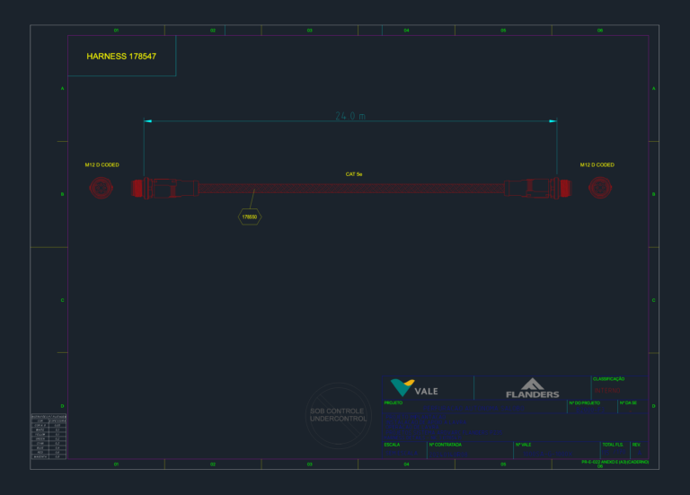 Technical CAD drawing of a 24m CAT 5e cable harness with M12 D-coded connectors and project title block.