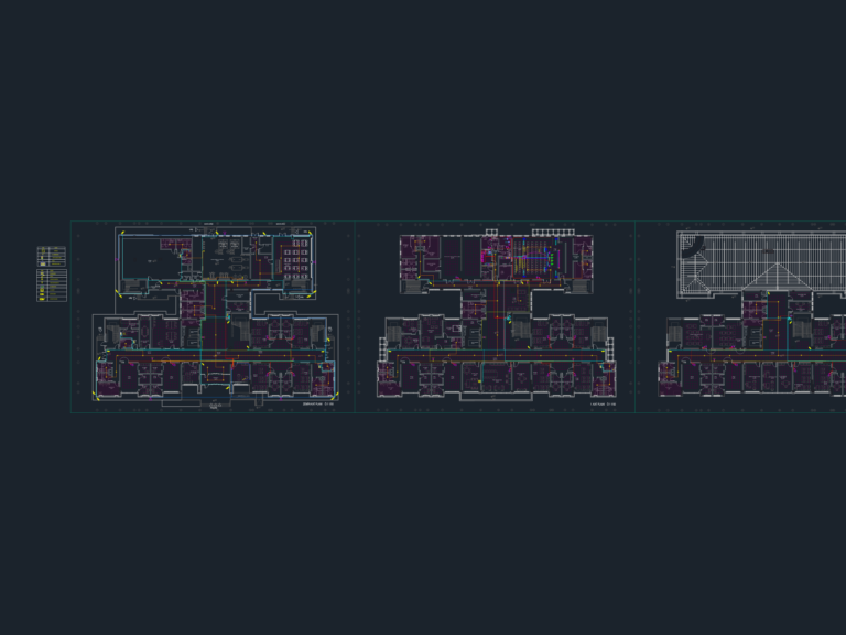 Floor plans and riser diagrams for school CCTV, PA sound systems, and disabled emergency call layouts.