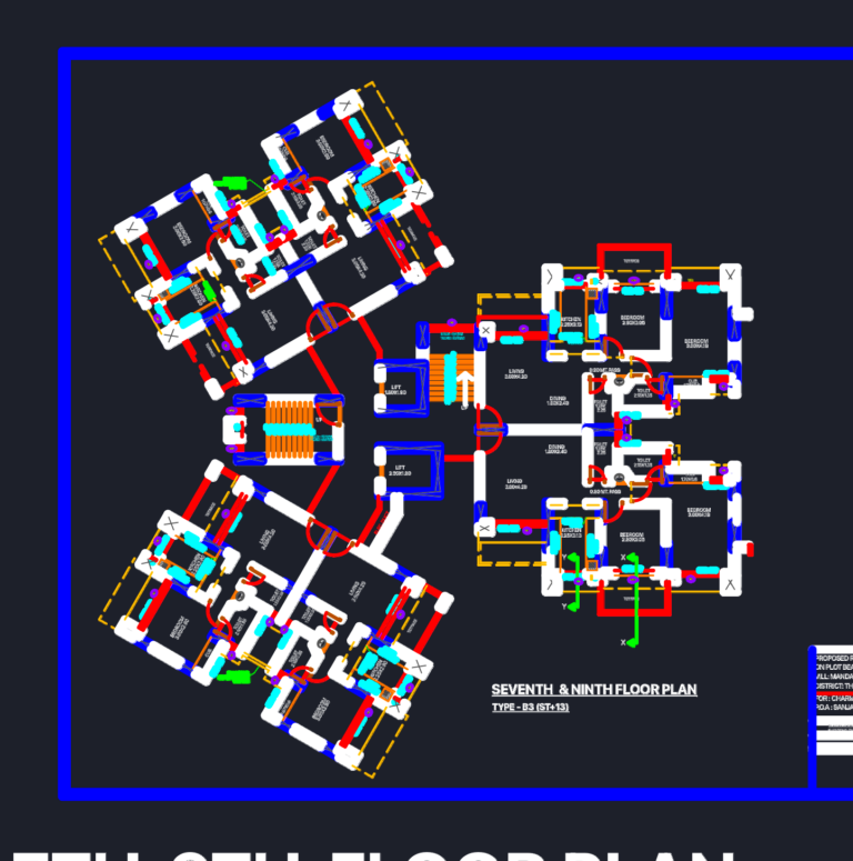 2D CAD floor plan for a residential apartment tower showing unit layouts, lifts, stairs, and room dimensions.