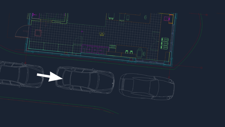 CAD drawing of a drive-thru restaurant site plan showing kitchen equipment, tiled floor, and cars in a queue.