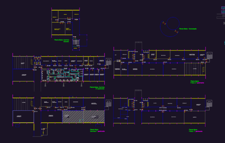 CAD floor plans for university chemistry and physics laboratories with basement, 1st, and 2nd-floor room layouts.