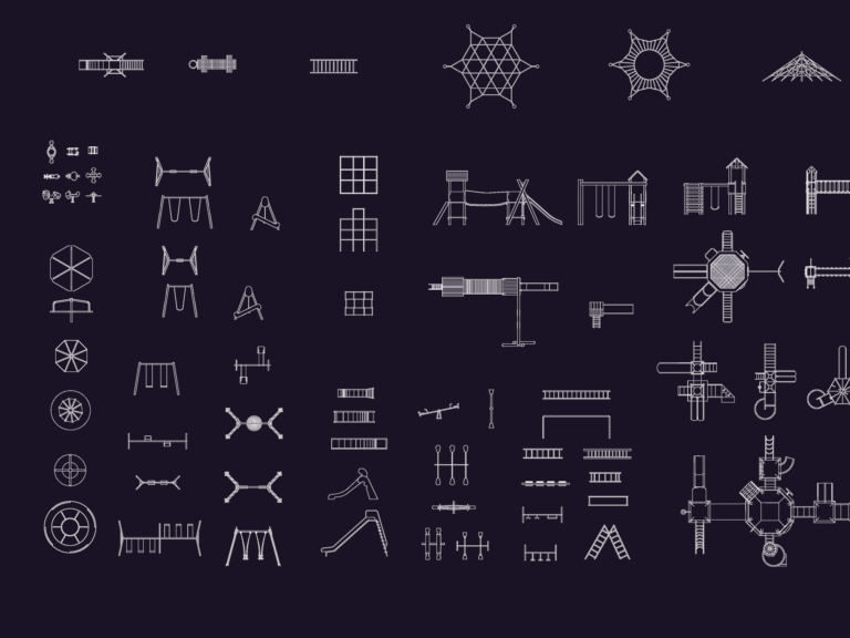 Plan and elevation CAD drawings of playground equipment including swings, slides, carousels, and climbing structures.