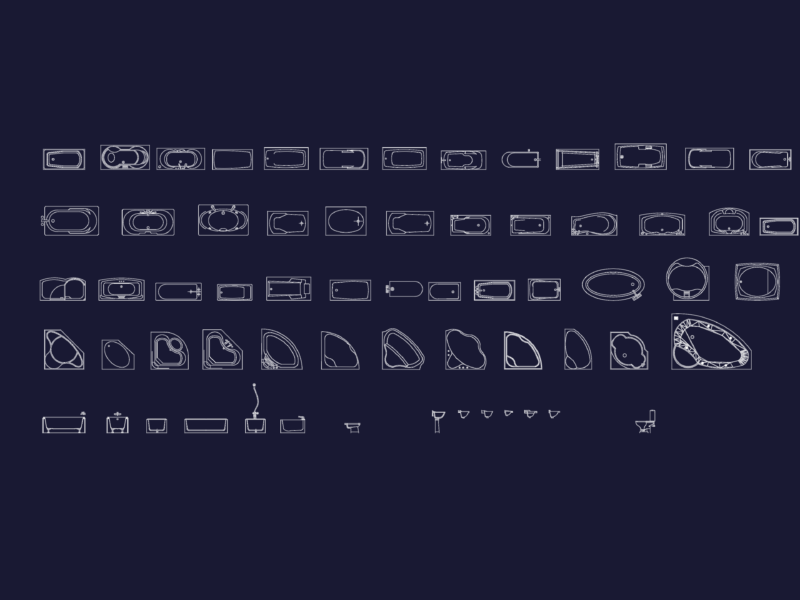 China bathtub collection including TOTO plans and sections