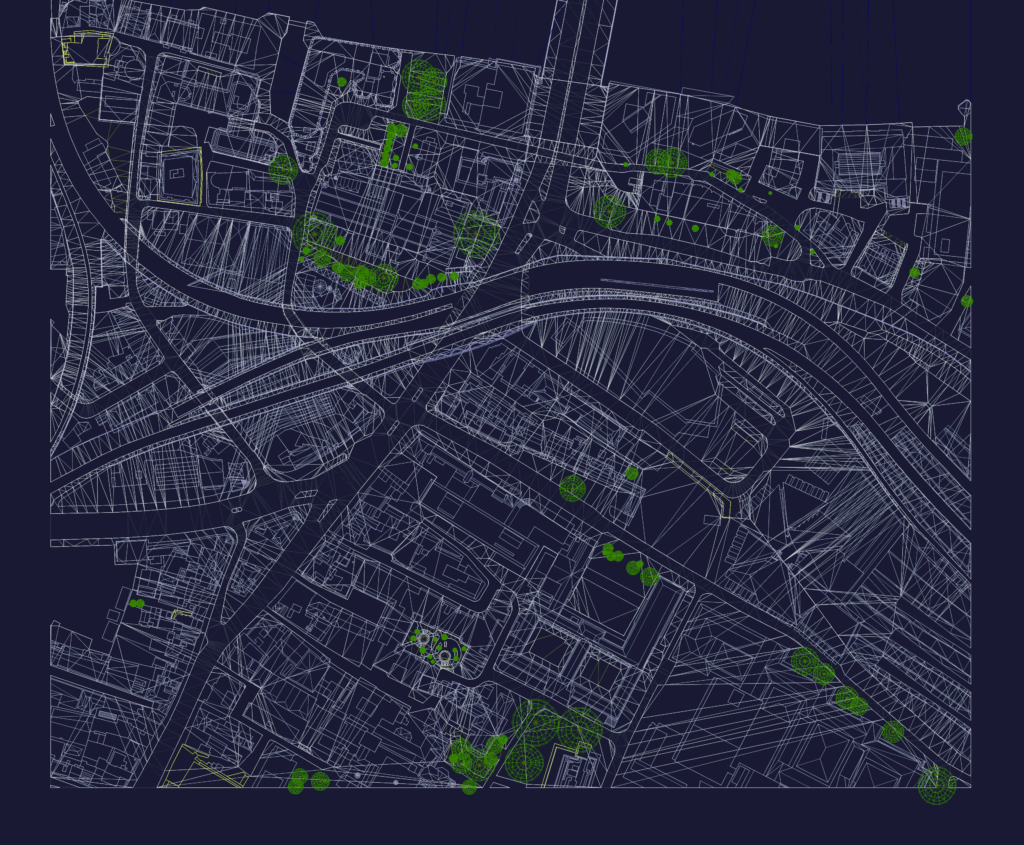 Top-down wireframe view of a 3D city model showing building roof forms, terrain mesh, and tree placements in a grid square.