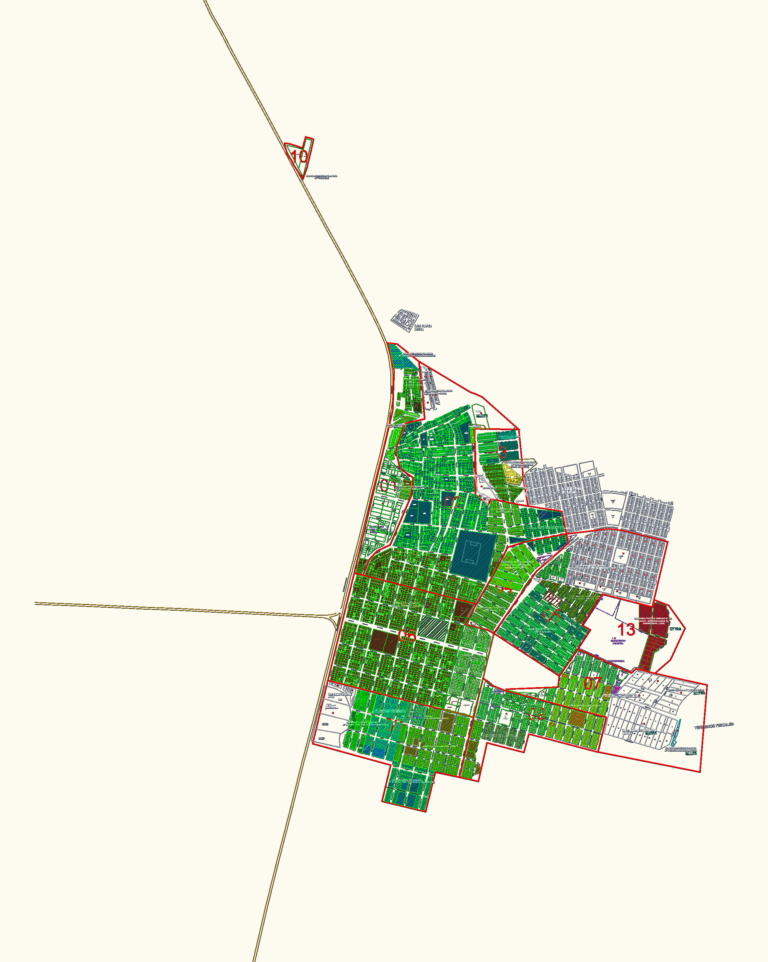 Urban cadastral plan for Tupac Amaru Inca showing sectorization, city blocks, and lot divisions in a colored CAD map.