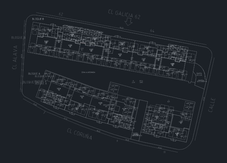 CAD site layout plan of residential blocks A and B with labeled unit footprints, dimensions, and vehicle ramps.