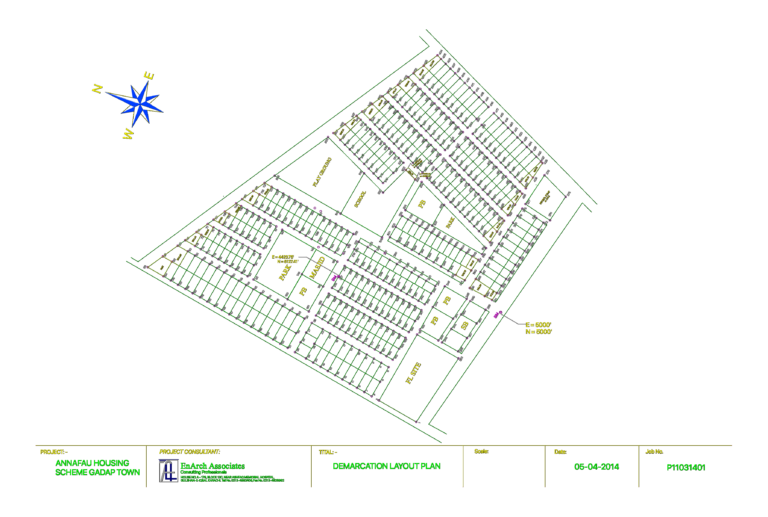 Demarcation layout plan for a housing scheme showing residential plots, roads, park, mosque, and school zones.
