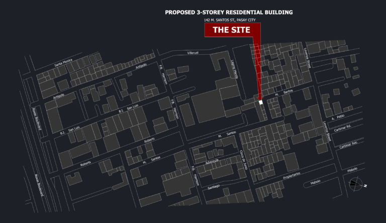 2D vicinity map of Pasay City showing M. Santos Street, Roxas Boulevard, and surrounding urban blocks with north arrow.