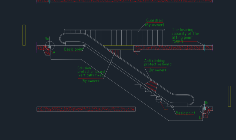CAD side elevation of an escalator showing support points, guardrail, and bearing capacity annotations.