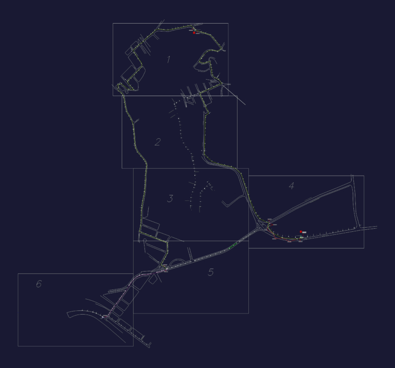 Fiber optic network routing plan divided into six sheet sections showing cable paths and infrastructure points.