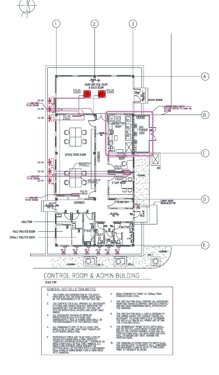 Mechanical ACMV layout plan for a control room and admin building showing FCU and CU units with installation notes.