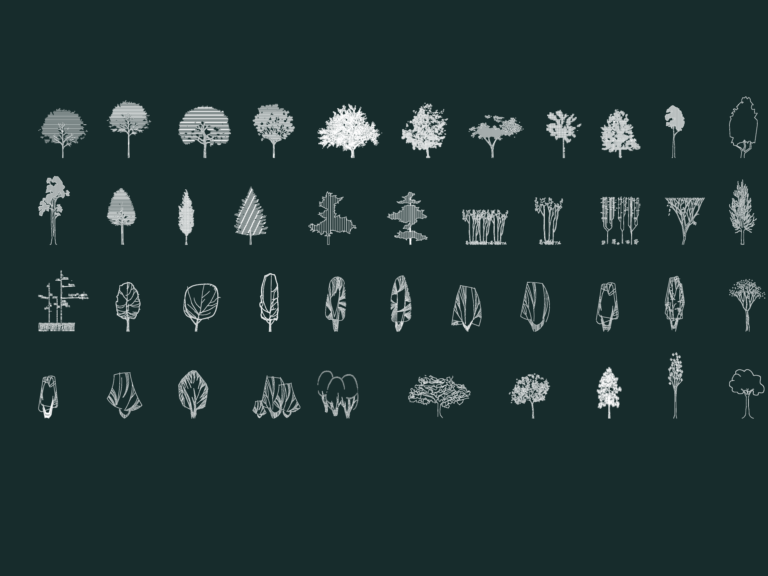 Architectural tree elevation drawings including pine, deciduous, and silhouette styles for landscape CAD.