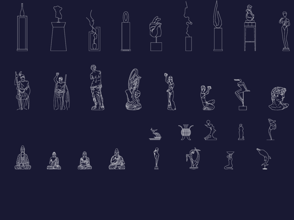 Elevation CAD drawings of 30 decorative sculptures, classical statues, Buddha figures, and abstract interior ornaments.