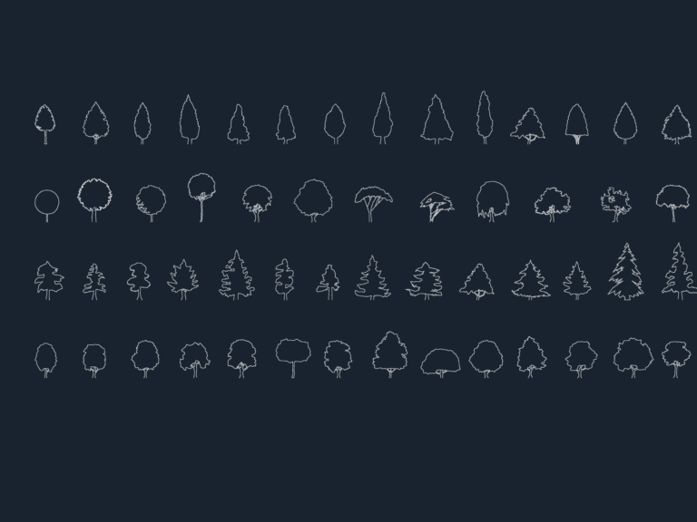 54 simple 2D tree silhouette blocks in elevation view using basic line work.