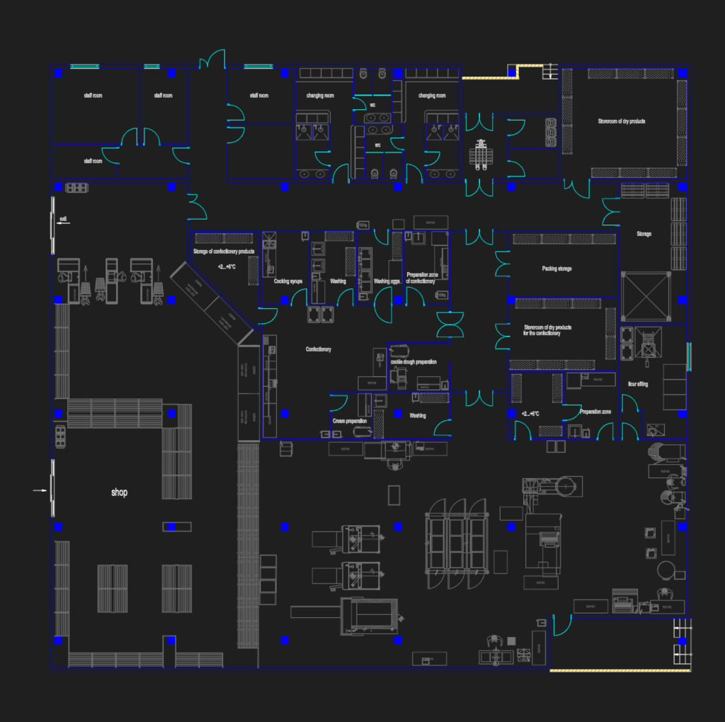 CAD floor plan of a commercial bakery showing retail shop, production zones, storage, and staff changing rooms.