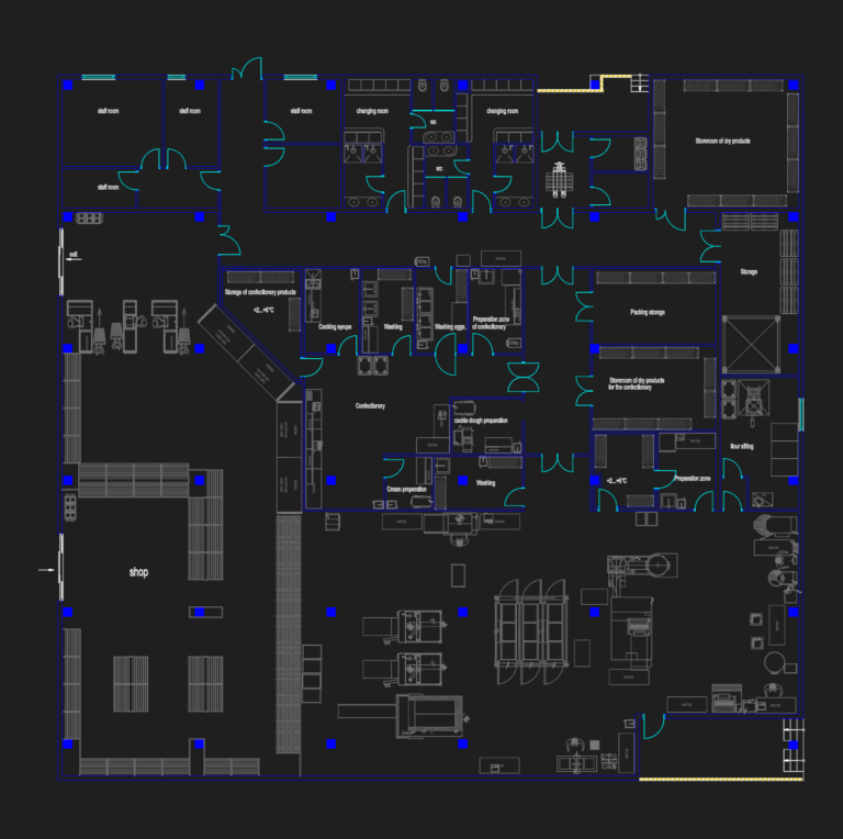 CAD floor plan of a commercial bakery showing retail shop, production zones, storage, and staff changing rooms.