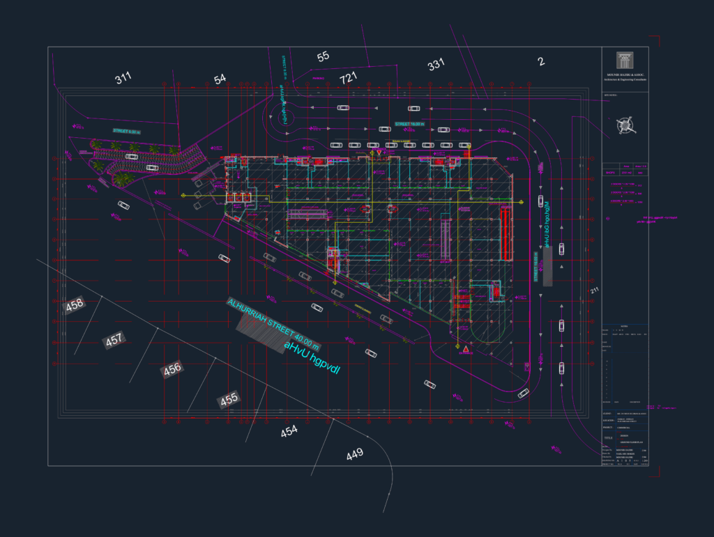 Architectural ground floor plan of a commercial building in Amman showing retail shops and parking layout.
