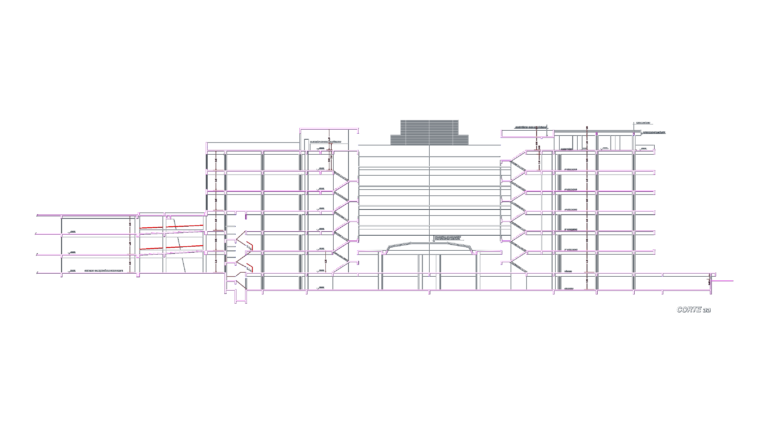 Architectural section of a 6-story community center building showing internal floors, stairs, and basement levels.