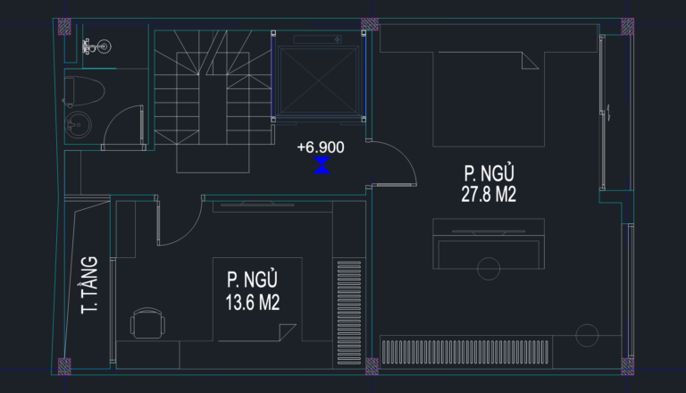 CAD floor plan of a 5-story Hanoi house showing bedrooms, elevator, and stairs with Vietnamese room labels.