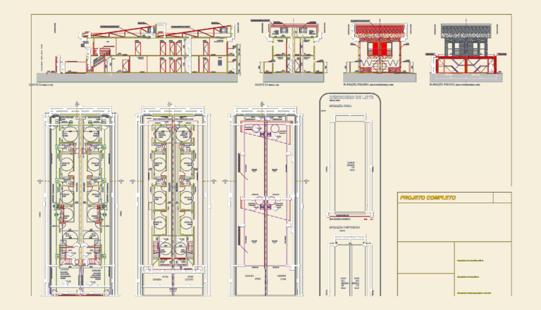 Architectural CAD drawings showing floor plans, sections, elevations, and lot split diagrams for twin houses.