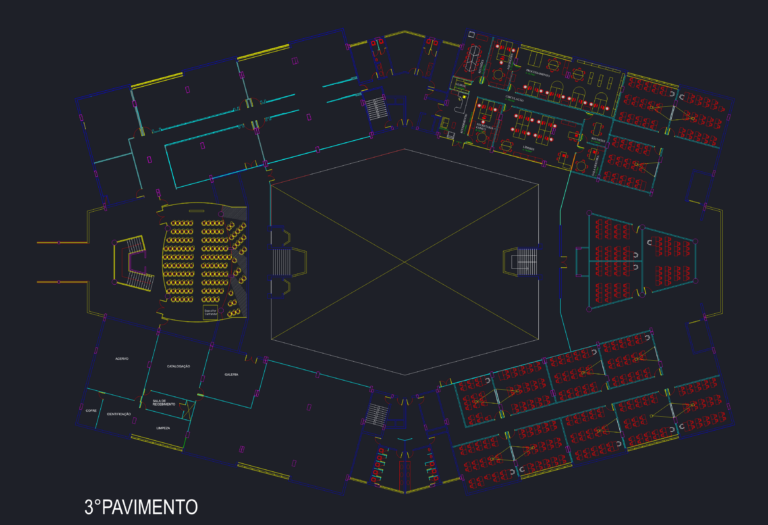 Architectural CAD floor plan for a library and cultural center with an auditorium, central courtyard, and workspaces.