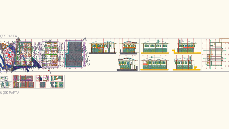 CAD drawings for a two-story cafe including architectural floor plans, sections, elevations, and detail sheets.