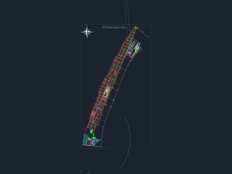 CAD site layout of a long residential development featuring schools, a mosque, road networks, and utility infrastructure.
