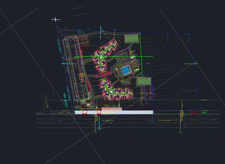 Architectural site plan of a residential complex with two towers, underground parking levels, and a swimming pool.