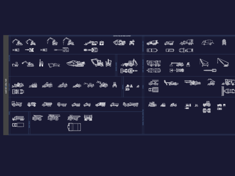 CAD drawing showing plan and elevation views of various construction and mining machinery organized in a block library.