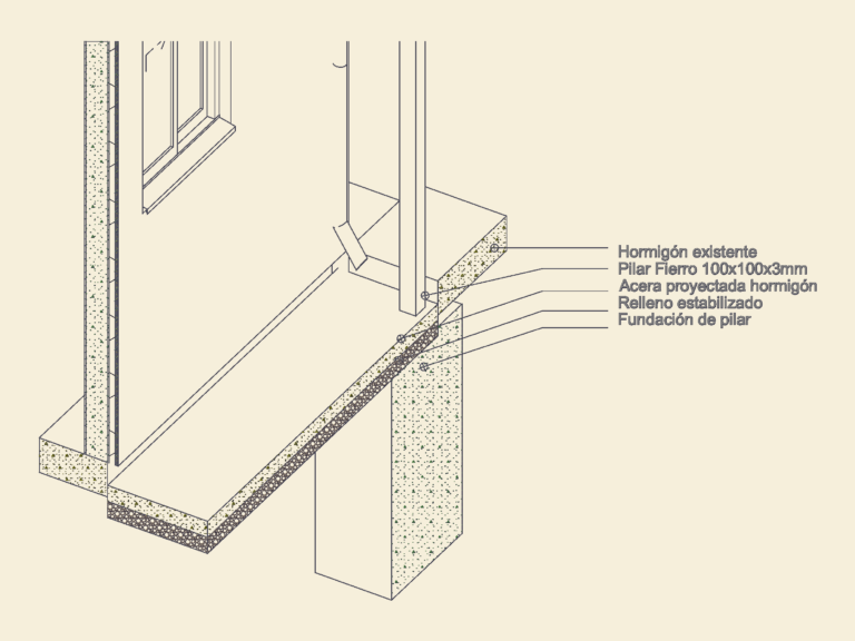 3D perspective CAD detail of a concrete sidewalk with iron pillar foundation, stabilizing fill, and subgrade layers.
