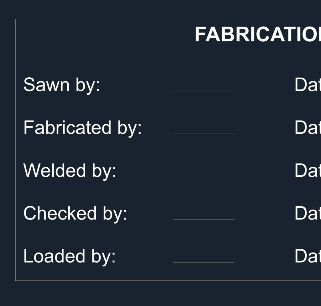 Fabrication sign-off table from a steel handrail shop drawing CAD file.