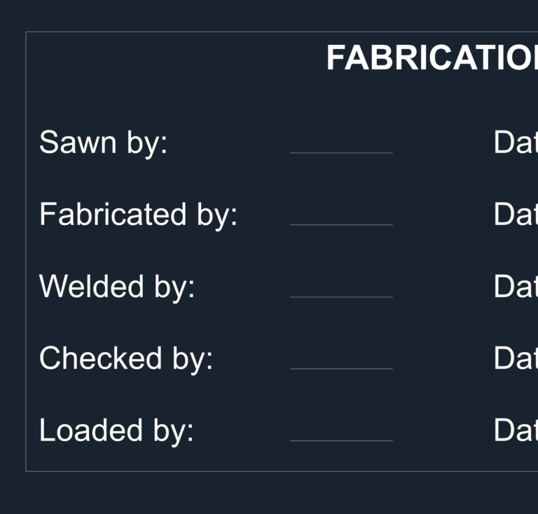 Fabrication sign-off table from a steel handrail shop drawing CAD file.
