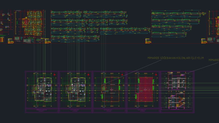 Residential structural CAD project showing foundation plans, beam and column rebar schedules, and building sections.