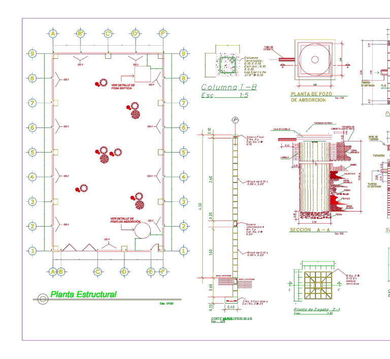 Structural plan and details showing wall sections, column reinforcement, footing plans, and soak pit drainage section.