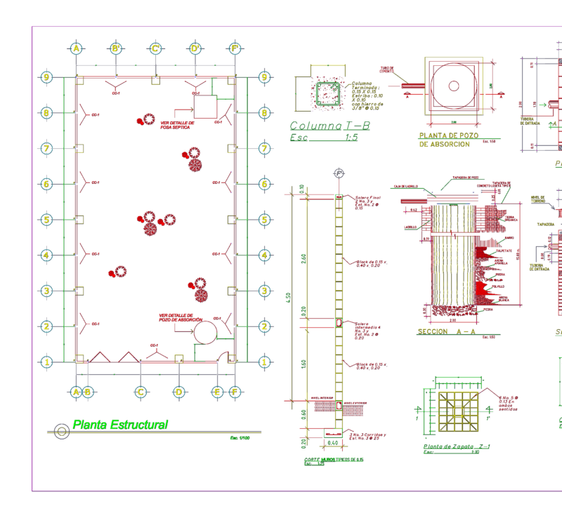 Structural layout and foundation details including soak pit