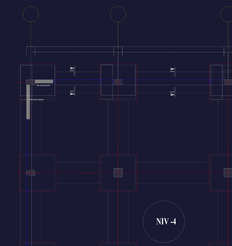 Structural CAD drawing of level -4 basement foundation plan with columns, shear walls, and concrete footings.